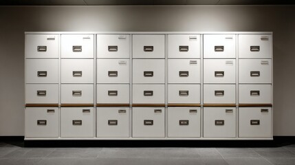 Modern White Storage Cabinet with Multiple Drawers and Labels