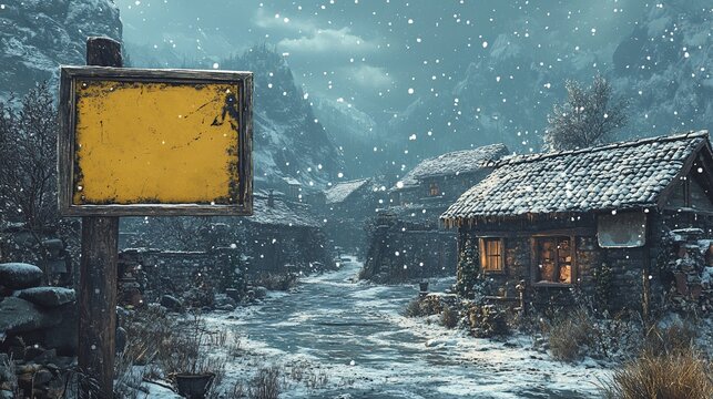 Empty yellow signpost stands in snow-covered village road, mountain backdrop