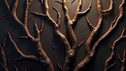 Intricate gnarled wooden branches in high relief textured against a dark subtle background
