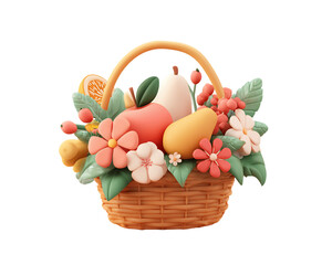 Wicker Basket Filled with Fresh Fruits and Flowers on Transparent Background 3d Rendering, PNG
