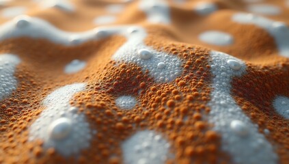 Macro shot of an undulating textured surface with orange granular material and white bubbly patches featuring water droplets