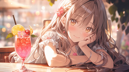 カフェでくつろぐアニメ美少女とフルーツドリンク

