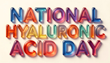 National Hyaluronic Acid Day bold glossy letters in multicolor 3D on a reflective background; 4K, HD