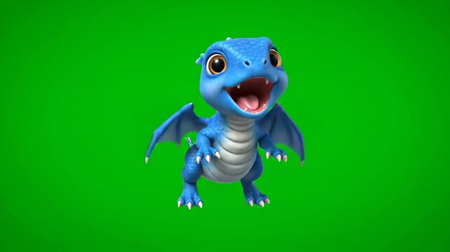 Cute blue baby dragon with wings and scales, smiling and looking forward, isolated on a green background.