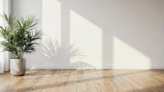 A bright room with a plant in a simple pot, sunlight casts shadows on the wall and wooden floor