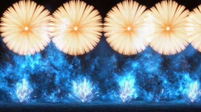 Fireworks Extravaganza: A breathtaking display of pyrotechnics illuminates the night sky, creating a symphony of light and color that ignites with bursts of golden and blue fire.