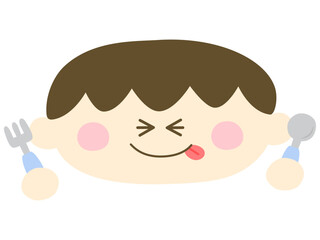 ゆるい可愛い子供の男の子がスプーンとフォークを持っているイラスト