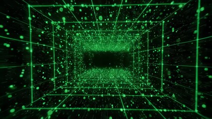 A green glowing grid tunnel with floating particles, creating a digital cyberspace effect - Powered by Adobe