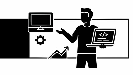 Man presenting technology and business growth with laptop and monitor.