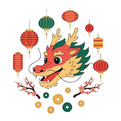 Chinese Dragon Head Lanterns Cherry Blossoms Lunar New Year Art