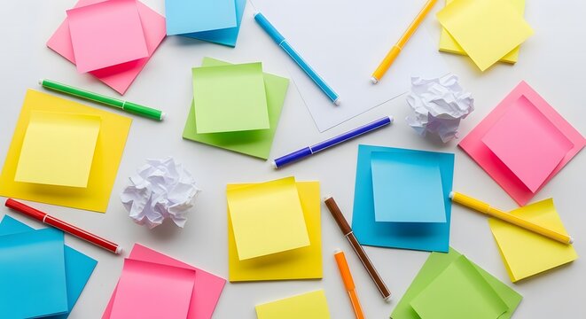 Vibrant sticky notes, markers, and crumpled paper scattered on w