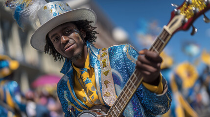 Vibrant Kaapse Klopse Minstrel Carnival performer playing guitar in Cape Town streets