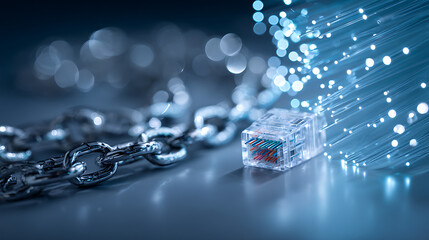 Secure modern network connections with a strong chain and fiber optics for reliable data transfer and robust cybersecurity in digital infrastructure