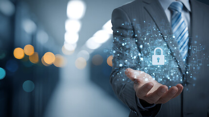 Professional cybersecurity consultant offers secure data protection with digital padlock in hand for business solutions and network safety, modern technology