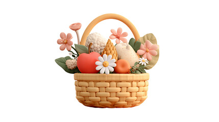 Woven Basket with Assorted Produce and Flowers on Transparent Background, PNG