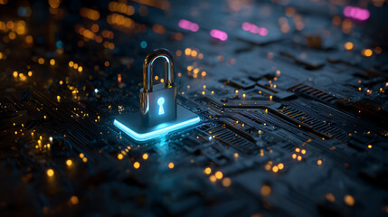 Secure digital world with glowing padlock on circuit board, symbolizing cybersecurity and data protection, perfect for tech and business concepts