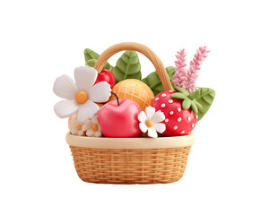 Woven Basket with White Flowers Strawberry and Red Apple Isolated on Transparent Background, PNG