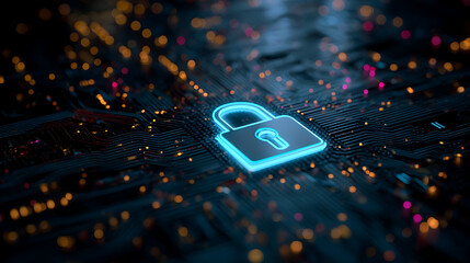 Digital security padlock glowing on futuristic circuit board, protecting data privacy in the modern age with encryption technology and network safety