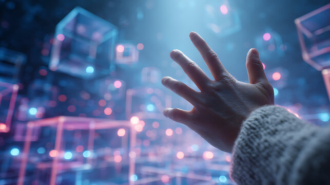 Exploring virtual reality with a hand reaching toward glowing cubes, futuristic technology interface for innovation and digital transformation concept - Powered by Adobe