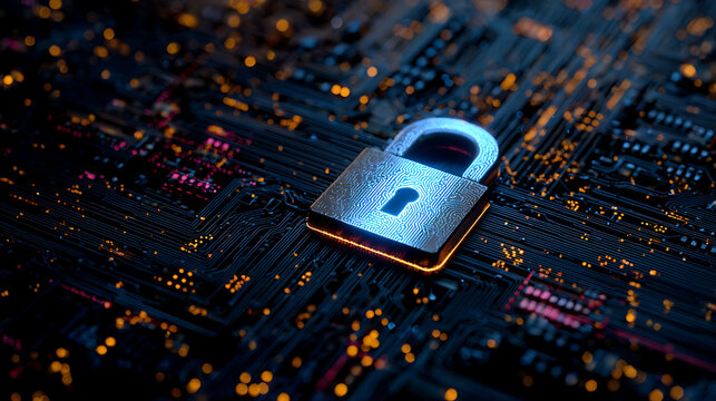 Digital security lock on circuit board protects sensitive data, ensuring cybersecurity and privacy in the digital age, safeguarding networks and systems - Powered by Adobe