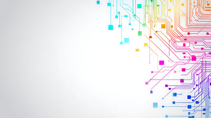 Vibrant rainbow circuit board design for modern technology concepts, data flow visualizations, digital connections, and colorful futuristic network systems