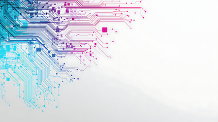 Vibrant circuit board design for tech innovation, showcasing interconnectedness in blue, purple, and pink for a modern, futuristic feel with dynamic data flow