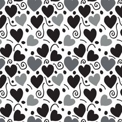 Hand drawn black and gray hearts seamless pattern.
