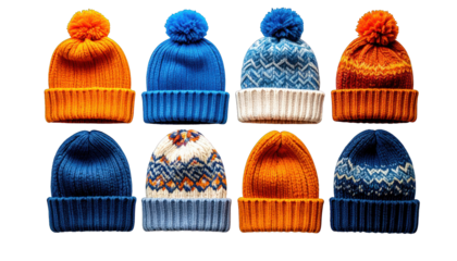 Eight colorful knit winter hats with pom-poms, arranged in two rows on a black backdrop