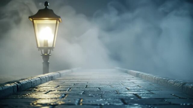 Lit street lamp and foggy pavement at night with atmospheric lighting
