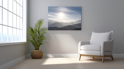 Fototapeta premium Serene Zen Office Corner with White Furniture and Bamboo Plant in Minimalist Decor