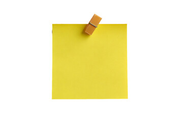 Yellow Square Sticky Note with Brown Wooden Clothespin on Transparent Background Detailed Flat Lay of Office Stationary Isolated for Mockup, PNG