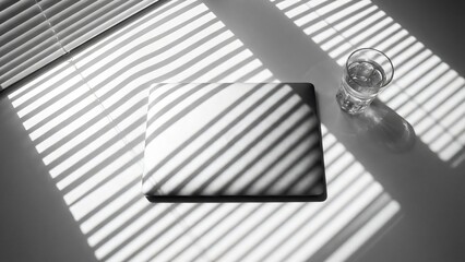 Closed laptop and glass of water on a white surface with dramatic light and shadow stripes from blinds