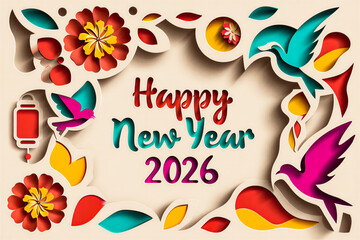 Happy new year 2026 paper cut design with floral and birds