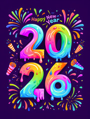 Happy new year 2026 dripping paint effect with colorful fireworks