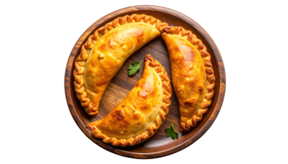 Golden-brown, crimped pastries arranged on a wooden platter with parsley