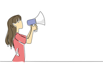 One line drawing of woman holding megaphone side view, poised to speak, symbolizing freedom of speech, advocacy, and empowering public discourse in a democracy. Democracy Day event, free expression