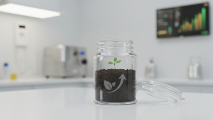 A small plant grows in a jar with a growth arrow symbol and laboratory equipment in the background