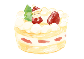賑やかで美味しそうなサンタとツリーの乗ったクリスマスのホールケーキの手描き水彩イラスト