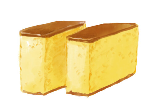 美味しそうな切られたカステラの手描き水彩イラスト(透過PNG)