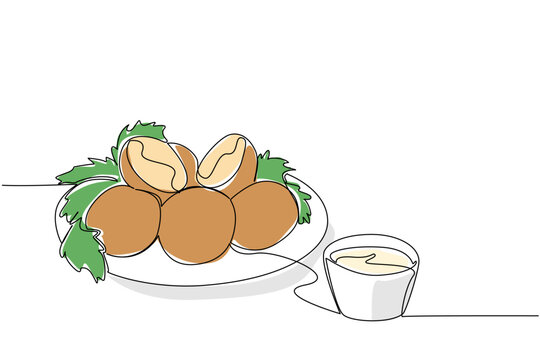 Continuous line draw of falafel platter on round plate with pita, herb, tahini dip, garnished with parsley. International Falafel Day event, celebrating street food culture vegan cuisine, classic dish