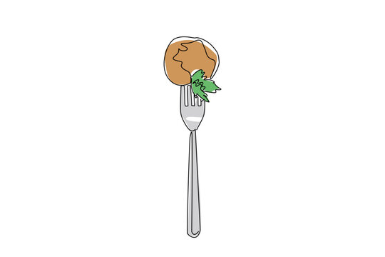 Continuous line drawing of falafel ball pierced by fork, garnished with sprig of parsley, symbolizing tasty bite and traditional Middle Eastern cuisine. International Falafel Day event prefect for ads