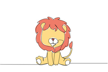 Continuous line draw of cute baby lion sitting down, with a fluffy mane and a playful expression, symbolize majesty, innocence, and charm of wildlife. Adorable character wild nature and gentle playful © Simple Line