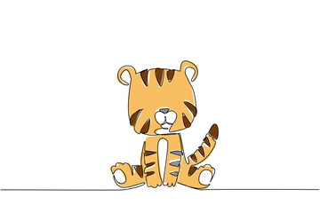 Fototapeta premium Continuous line drawing wildlife concept. Cute baby tiger sitting with bold brown stripes and round face, curled tail. Perfect for jungle themes, children animal decor, or educational materials.