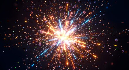 Bright orange and blue light explosion with scattered particles energy abstract image