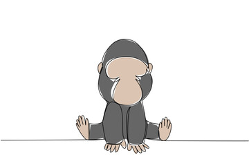 Obraz premium Single line drawing animal concept showing a young gorilla with big hands and feet sitting calmly. Perfect for jungle, wildlife, or conservation. Adorable primate exudes innocence and strength.