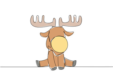 Fototapeta premium One line drawing animal nature concept. Seated baby moose with oversized antlers represents wilderness resilience. For forest biomes, animal preservation, and global nature education programs.
