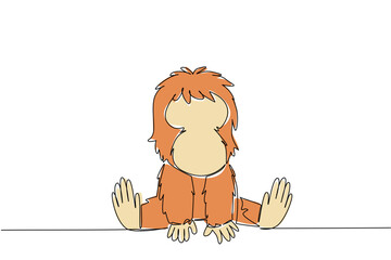 Obraz premium Continuous line draw animal nature concept. Seated orangutan baby with soft fur symbolizes care and survival. Great for environmental awareness, forest conservation and international wildlife festival