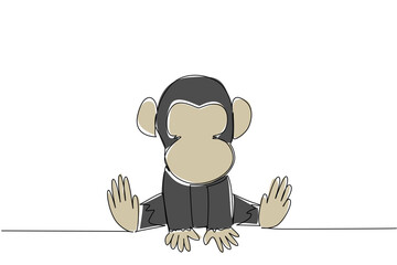 Fototapeta premium Single line drawing nature animal concept. Seated baby chimpanzee with gentle hands, big ear shows primate intelligence. Perfect for environmental campaign, jungle education or world wildlife events.