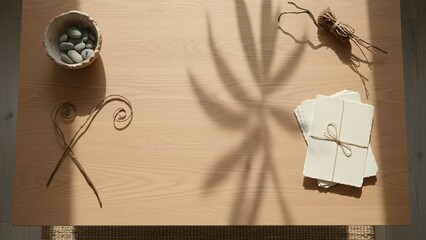 Natural arrangement of stones in a bowl coiled branches and paper cards on a wooden surface with plant shadows