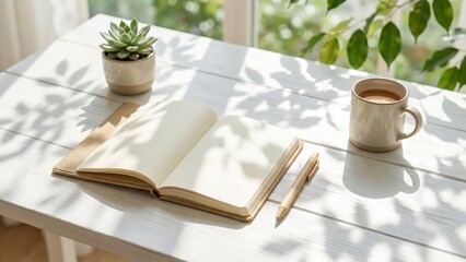 An open notebook and pen rest on a white wooden desk beside a potted succulent and a mug of coffee